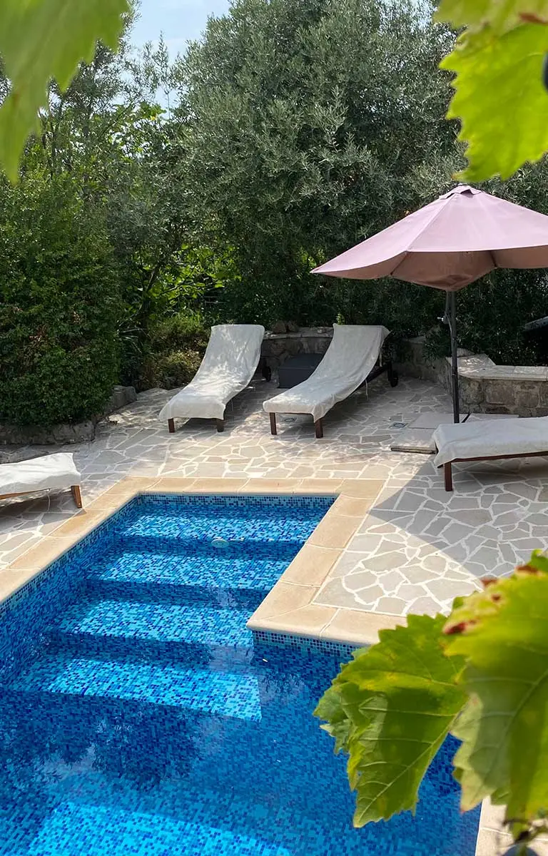 Mediterraner Innenhof mit Pool, Sonnenliegen, Natursteinboden und Weinreben im Schatten.