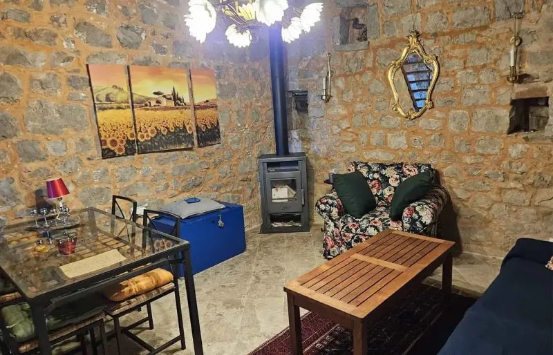 Cozy sitting area with stove, armchair and sunflower wall art