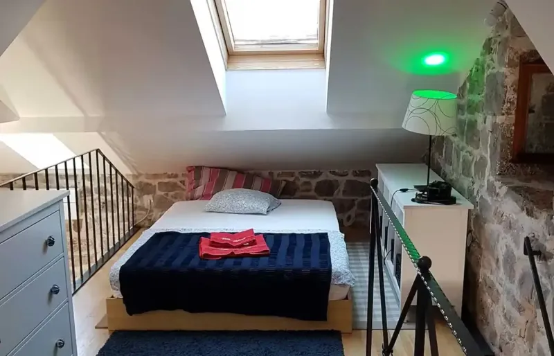 Attic bedroom with skylight, wooden floor and view into the living area